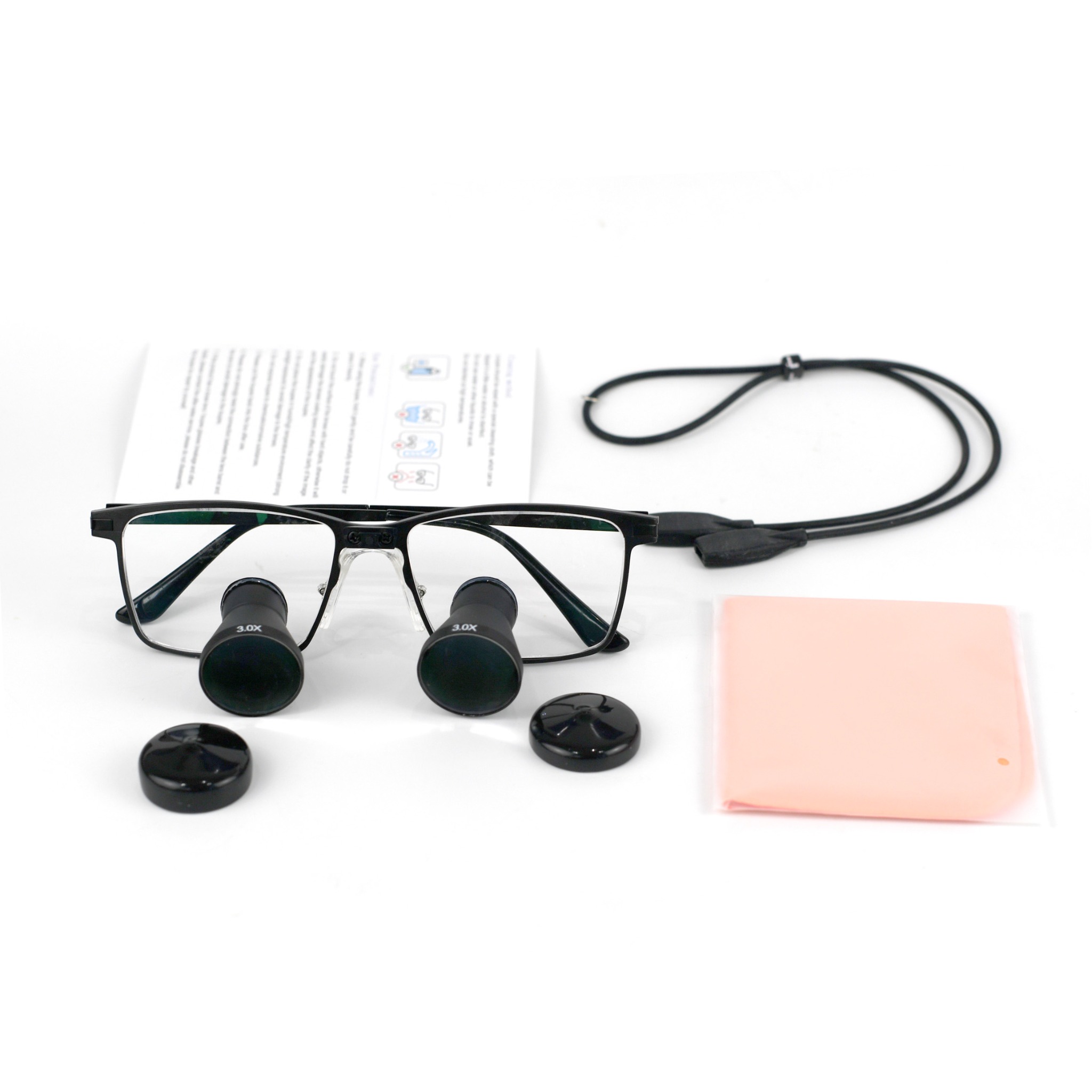 Front view of 3.0x TTL loupes with included accessories